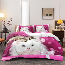 Yzehomijia Cat Bed Linen Set 140 x 200 cm, 3D Cat Pattern Duvet Cover, Children's Duvet Cover, 1 Piece Pink Microfibre Duvet Cover + 1 Pillowcase 65 x 65 cm (Cat2, 140 x 200)