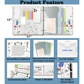 3 Ring Binder 2 Inch for 8.5"x11" Paper, Three Ring Binders with Clipboard, 5 Dividers with Tabs and Pockets, Plastic Folder, 18 Divider Stikers,Cute Binder with Pen Holder,Blue Bloom