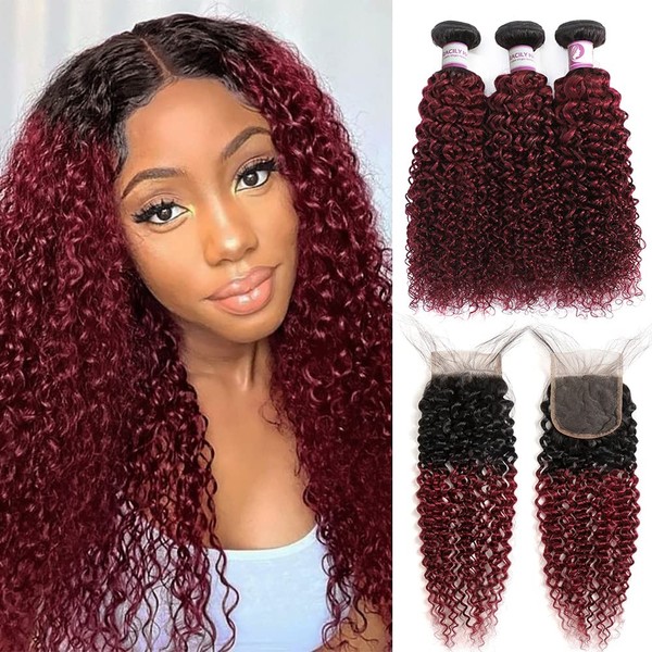 Ombre Burgundy Brazilian Curly Hair 3 Bundles with Closure, Dark Red Two Tone Curly Weave Human Hair Extensions, 99j Afro Kinki Curl Hair Weaving (12"14"16"+Closure10")
