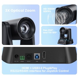 TONGVEO 3X Optical Zoom PTZ Camera HDMI USB 3.0 1080P 60fps 114-Degree Wide-Angle for Video Conference Business Meeting Live Streaming Online Learn with Zoom Skype Teams OBS and More