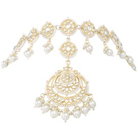 Aheli Gold Plated White Kundan Studded Ethnic Sheeshpatti Maangtikka Dulhan Bridal Stylish Fancy Jewellery Gift for Women White