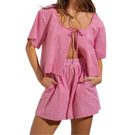Nicoxijia Striped Pajamas for Women 2 Piece Pjs Shorts Set Puff Sleeve Tie Front Peplum Shirts Gingham Shorts Y2k Lounge Set (Red, S)