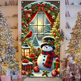 Christmas Snowman Door Banner Porch Sign, Hanging Wall Decoration, 71 x 35 Inch, Polyester Xmas Front Door Banner for Christmas Party, Outdoor Indoor Holiday Decorations for Yard, Garden, Porch, Lawn