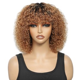 Ombre Wig with Bangs Short Curly Bob Wig Human Hair with Bangs Water Wave Wig Glueless Wear and Go None Lace Front Brazilian Human Hair Wig for Black Women Machine Made 180% Density 12 inch T1B/30#