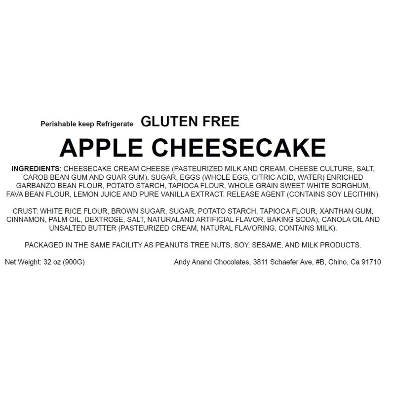Andy Anand Gluten Free Apple Cheesecake 9" Made Fresh, Shipped