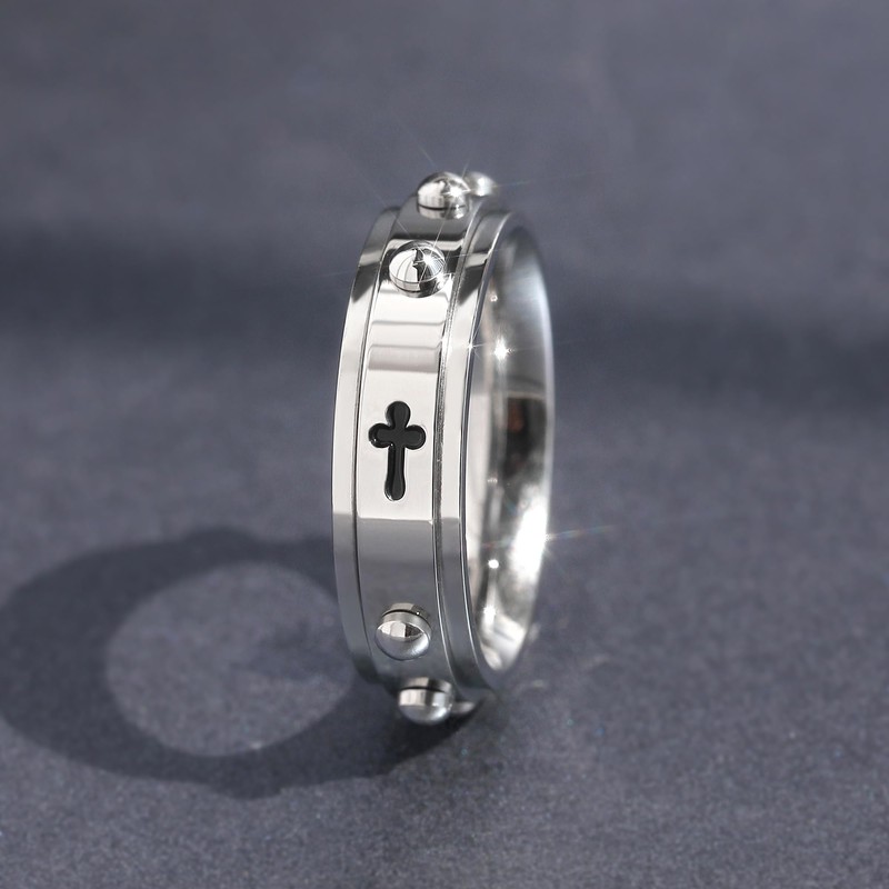 DoubleAccent 6MM Stainless Steel Cross Rosary Spinner Praying Ring, 6