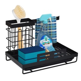 Spülbecken Organizer mit Abtropfschale – Rostfreier Kohlenstoffstahl Schwammhalter, Küchen & Badezimmer Organizer für Schwämme, Spülbürsten & Seifenspender, Unter Spüle Organizer (24,6×15×16 cm)