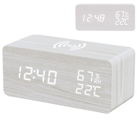 HUAJUN Alarm Clock, Digital Wooden LED, Temperature/Humidity Display, Brightness Adjustment, Year/Date Display, Holiday Alarm Off Function, Voice Sensitive Mode, 12/24 Hour Switchable, Desktop and