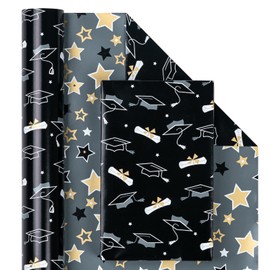 WRAPAHOLIC Reversible Graduation Wrapping Paper - Mini Roll - 17 Inch X 33 Feet - Black Gold Trencher Cap and Stars for Party, Celebration