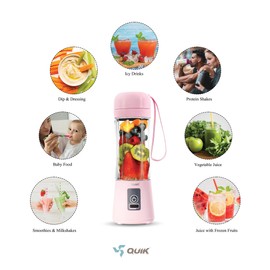 QUIK Portable Blender - Cordless 13oz. Personal Blender for Shakes and Smoothies, BPA Free, USB-C Rechargeable, Mini juicer for Travel, Leakproof, Powerful Blending, Juicer Cup, Ice Crush, Pink