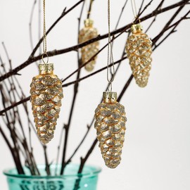 Lillian Vernon Holiday Glass Pine Cone Ornaments - Set of 12, Sparkling Mini Tree Decorations, Christmas Home Decor, 3 3/4" H