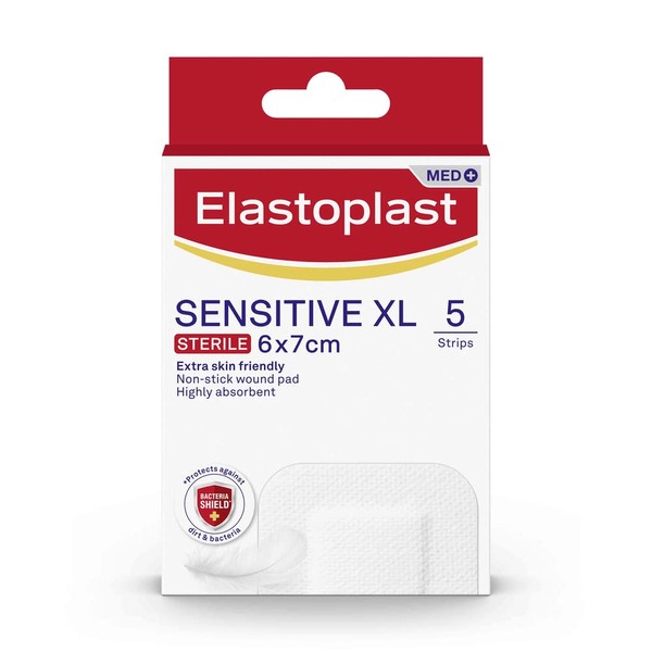 Elastoplast Sensitive XL Med+ Dressings (5 Patches), Pack of First Aid Plasters, Large Plasters for Post-Operative Wounds, Skin-Friendly Sterile Dressings for Wounds, 0 Percent Latex, White