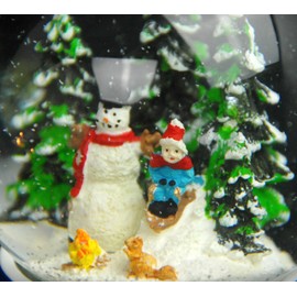 Snow Globe Snowman Standing Next to Child on Sleigh Base Winter Landscape Medium Blue Music Box Silent Night Holy Night Christmas Decoration W 10 cm H 14 cm 20200