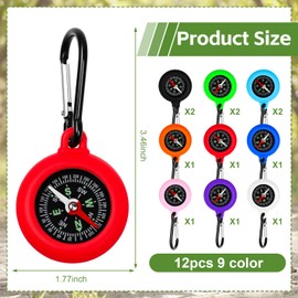 12pcs 9 Colours with Hiking Buckle Kids Mini Compass Outdoor Portable Waterproof Dual Purpose Compass Key Chain Outdoor Survival Equipment for Outdoor Camping, Hiking, Mountaineering