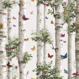 WalRiddle Enchanting White Birch Trunk Vibrant Multicolored Butterfly Peel and Stick Wallpaper Easy Peel Off Contact Paper Stick on Adhesive Wall Paper for Bathroom Waterproof Renter 17.71"x236.2"