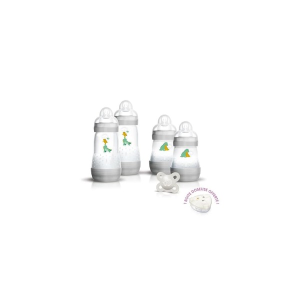 MAM MAM Set Mon 1. (4 Fläschchen + 1 Schnuller + 1 Doseuse), MAM Easy Start Anti-Colic Flasche für Säuglinge ab Geburt mit extra weichem Silikon-Sauger, 6674076, weiß, 6 Stück (1er Pack)