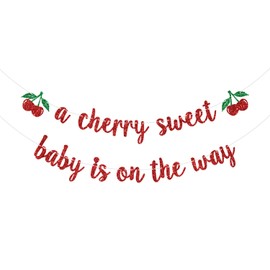 A Cherry Sweet Baby is on the Way Banner, Cherry Baby Shower Decoration, Sweet Cherry Theme Baby 1st Birthday Party Decorations Red & Green Glitter