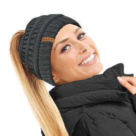 TOSKATOK® Ladies Womens Plain Ponytail Messy Bun Ribbed Winter Beanie Hat Cap Hair Hairband-Charcoal
