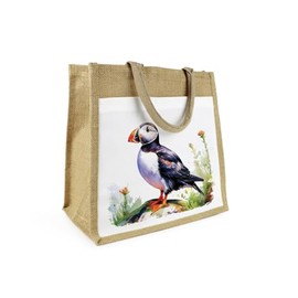 Puffin Jute Shopping Bag - Coastal Sea Birds Gift - Eco Friendly Reusable Shopper Bag with Front Pocket Present/Gift