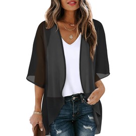 OFEEFAN 3/4 Length Sleeve Womens Tops Beach Cover Ups for Women Kimono Cardigans Resort Wear Black Tops L