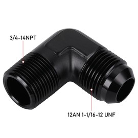 Podavelle 12AN Male Flare to 3/4 NPT Pipe Male 90 Degree Elbow Fitting Adapter Union Aluminum Black, Pack of 2