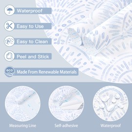 Safiyya Peel and Stick Wallpaper Boho Contact Paper 17.3"x78.7" Blue and White Modern Wall Paper Self Adhesive Removable Wallpaper for Bedroom Vinyl Rolls