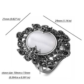 Vintage Style Cat's Eye Ring, White Stone with Black Crystal Border, 10 mm x 15 mm (9)