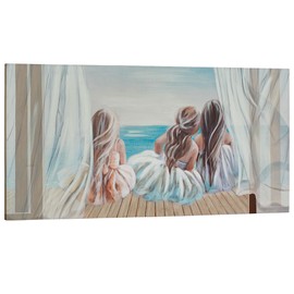 Touch of Class Three Belles Sitting Girls by Ocean Coastal Handpainted Canvas Wall Art Blue, White and Natural 47" Wx24 H