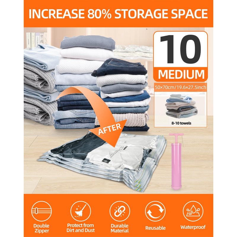 Vacuum Storage Bags, 10 Medium Vacuum Seal Bags for Clothing