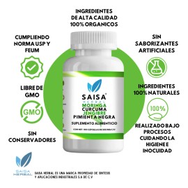 Moringa  Crcuma  Jengibre  Pimienta Negra  100 Cps  SAISA HERBAL  Inmunidad y Desinflamacin Natural  Potenciado                                       