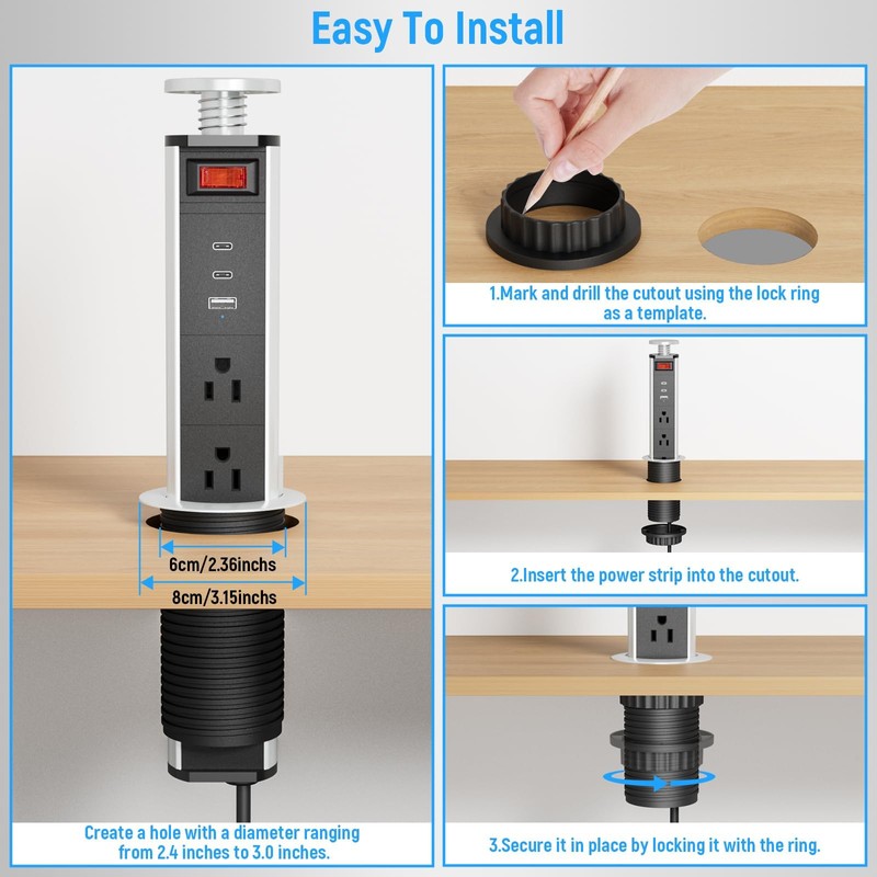 XBA 2-1/2" Pull Up Outlet for Countertop, USB-C PD 20W