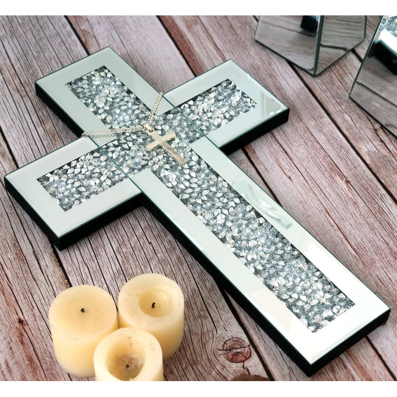 GIMORRTO Mirrored Cross Wall Decor - Crushed Diamond-Embedded Glass Mirror