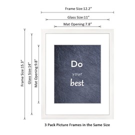 DEKWINN 11x14 Picture Frame Set of 3 with Real Glass for Pictures 8x10 with Mat or 11x14 Without Mat, Wall or Tabletop Gallery Photo Frames in White