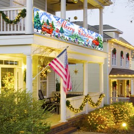 Christmas Red Truck Decorations Outdoor Yard Fence Banner Sign, Merry Christmas Red Car Xmas Tree Yard Fence Banner Watercolor Vintage Backdrop Winter Rustic Indoor Outside Year Party Decor 9.8x1.6ft