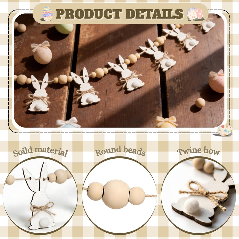 6.5ft Cute Easter Bunny Garland with Wood Beads, Farmhouse Easter