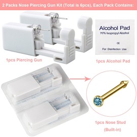 Nose Piercing Gun Kit - 6Pcs Self Nose Piercing Kit Unit Disposable Nose Piercing Gun Including 2Pcs Nose Piercing Gun with 2Pcs Built-in Nose Studs and 2Pcs Clean Tools for Nose Cartilage Tragus Helix Piercing Kit(Gold)