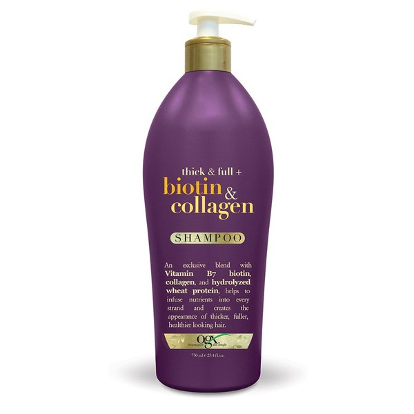 OGX Thick & Full Biotin & Collagen Shampoo, Salon Size 25.4 Ounce Bottle w/ Pump, Paraben Free, Sulfate Free, Sustainable Ingredients, Nourishing and Strengthening