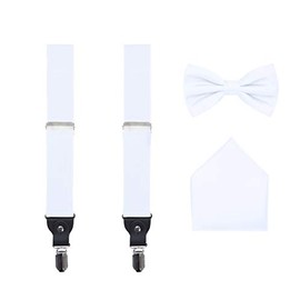 S.H. Churchill & Co. Men's 3 Piece Suspender Set - Includes Suspenders, Matching Bow Tie, Pocket Hanky and Gift Box - White