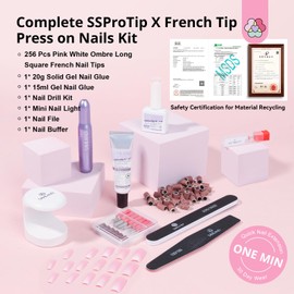 Saviland Nail Tip and Glue Gel Kit Nail Tip Kit with UV Light:4X Soft Gel X Nails Long Square White Pink Ombre 256pcs Full Cover Gel Nail Tip Gel Nail Glue Portable UV Nail Tip Nail Drill Kit Home