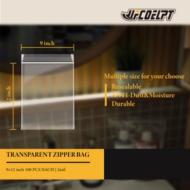 UFCOELPT 9"x12" 1 Gallon Clear Zip Bags with Reclosable Seal Zipper, 2 mil Thick Poly Baggies With Resealable Zip Top Lock For Home & Office supplies