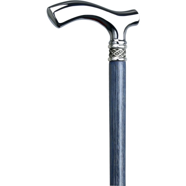 Blue Slim Line Chrome Plated Fritz Walking Cane with Blue Ash Shaft and Pewter Swirl Collar