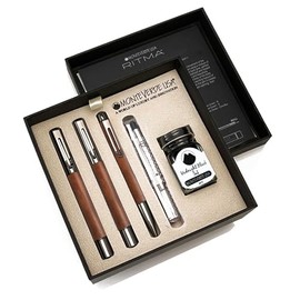 Monteverde Ritma 3+2 Piece Gift Set, Walnut - Includes Fine Nib Fountain Pen, Rollerball, Ballpoint, 30ml Ink & Refill - Elegant Writing Set for Professionals & Collectors