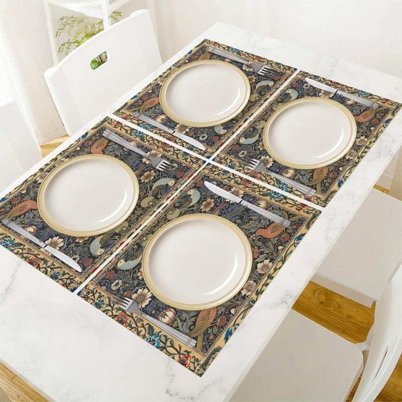 William Morris Bird Placemats Retro Bird Elegant Animal Pattern Linen