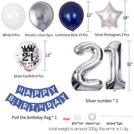 21st Birthday Decorations for Men, 21 Years Birthday Party Supplies with Happy Birthday Banner and Foil Number 21 Balloons, Silver Navy Blue Theme Party for Boys 21st Birthday Decoration