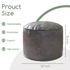 HIGOGOGO Round Stuffed Pouf Ottoman, Pu Leather Poufs with Foam Chunk Filling, Furry and Fluffy Pouf Foot Stool Storage Ottoman, 20 X 15 Floor Poufs Foot Rest for Living Room, Grey