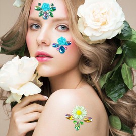 16 Pcs Face Gems Stickers Women Diamond Forehead Sticker Rhinestones Pearl Spring Theme Flowers Decoration Birthday Festival Party Self-Adhesive DIY Body Art Decals