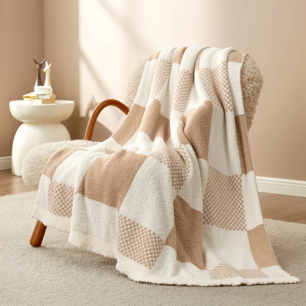 Snuggle Sac Checkered Blanket, Beige Throw Blanket for Couch Plaid