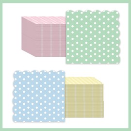100 Pack Gingham Scalloped Napkins 2-Ply Disposable Checkered Paper Napkins for Wedding, Birthday, Baby Shower, Party – 6.5 x 6.5 Inches (Pink, Yellow, Green, Blue) (Polka Dot)