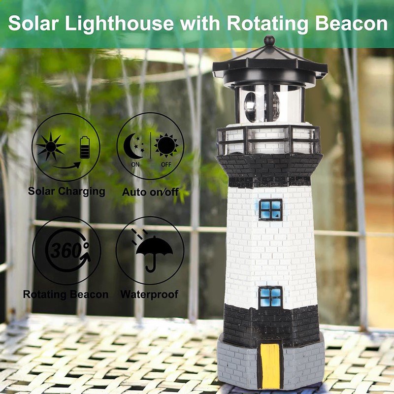 Solar Lighthouse 360 Degree Rotating Lighthouse Decoration Fadeless Resin LED