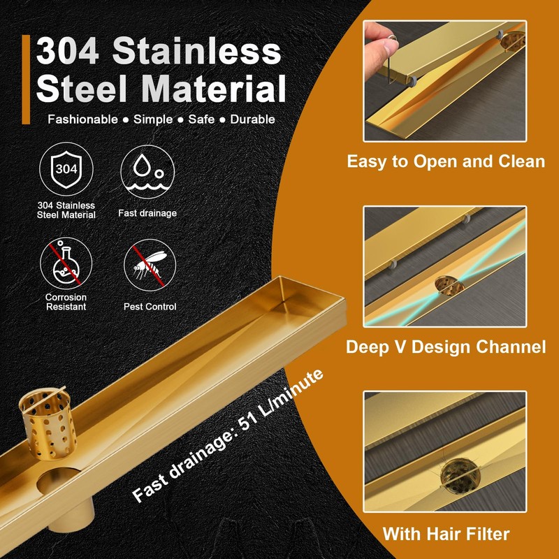 EBYTE EBYTE 24-Inch Brushed Gold Linear Shower Drain, 304 Stainless
